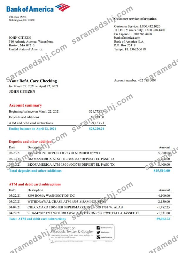 USA Bank of America bank statement template in Word and PDF format, version 4